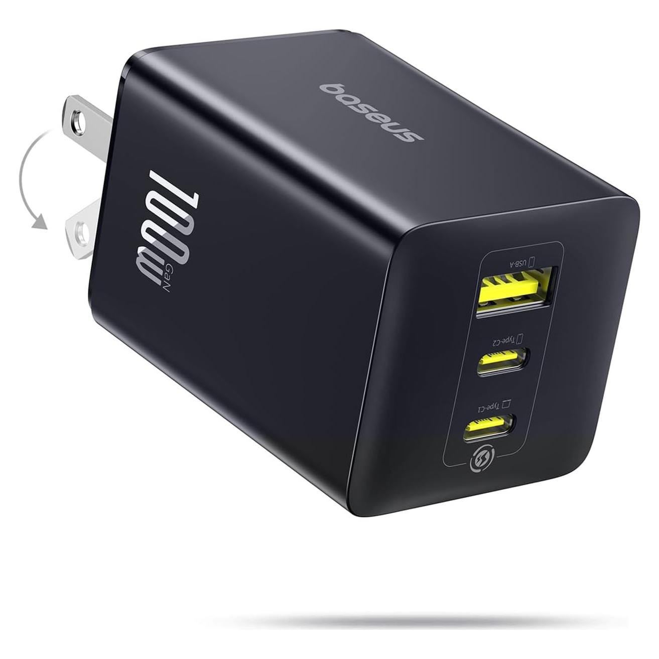 Cargador USB C 100W Baseus, Adaptador de Pared 3 Puertos