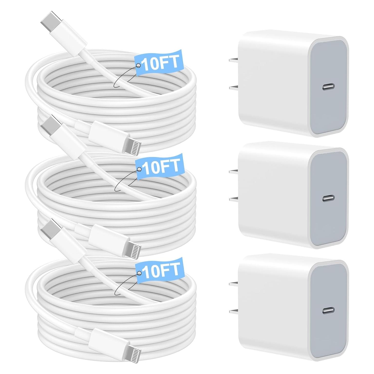 Cargador Rápido USB C para iPhone - 3 Piezas 10FT MFi