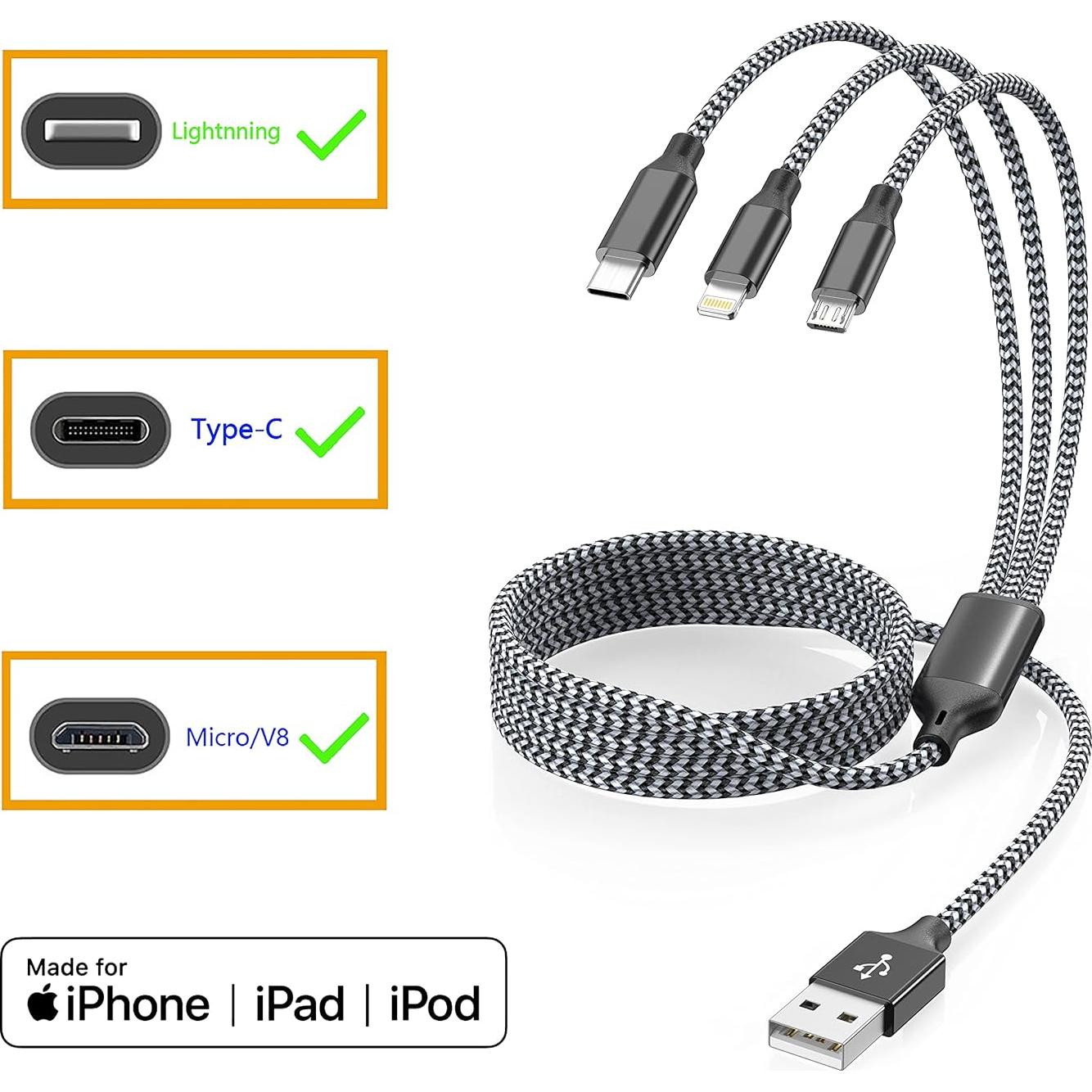 Cable de Carga Múltiple 3 en 1 Xnewcable 4FT Nylon Trenzado