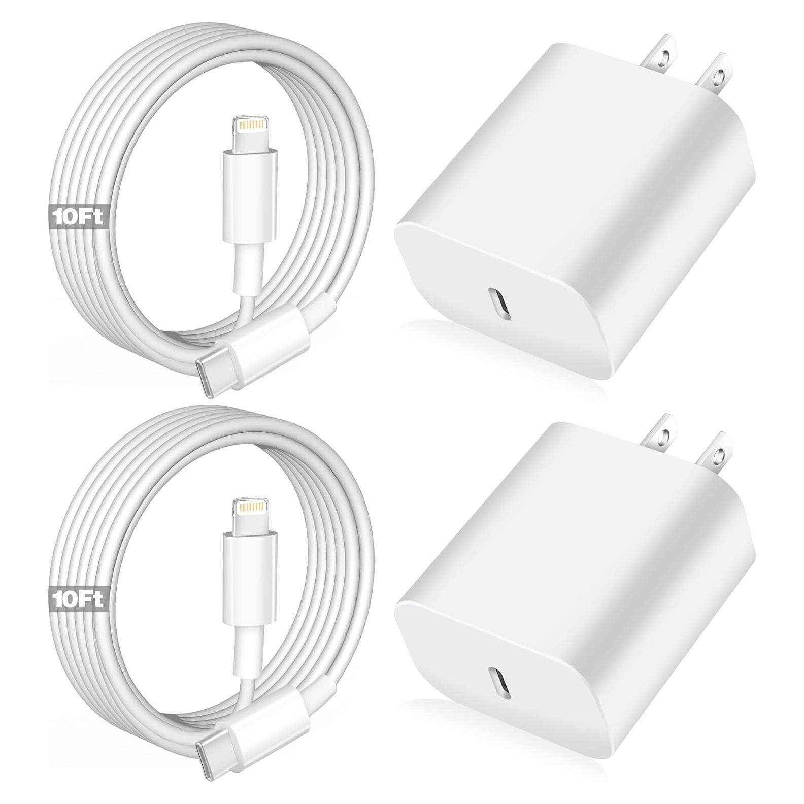 Cargador Rápido USB-C para iPhone + 2 Cables 10FT Lightning