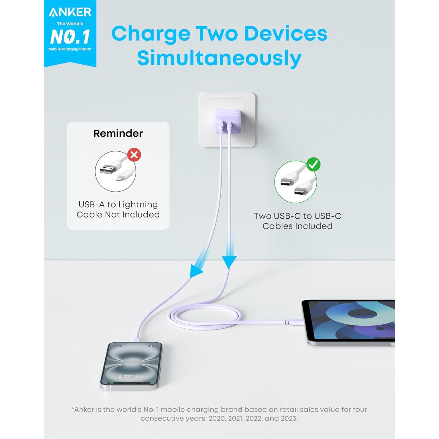 Cargador Rápido Anker 20W USB-C y USB-A, Paquete de 2