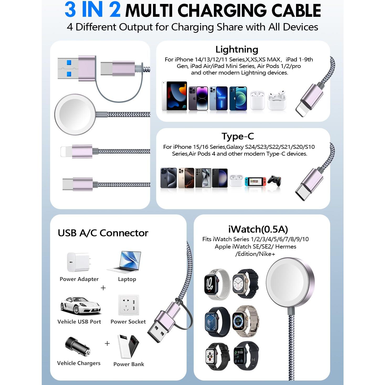 Cable de carga rápida múltiple 2Pack xiwxi 1.22m USB-C/Lightning