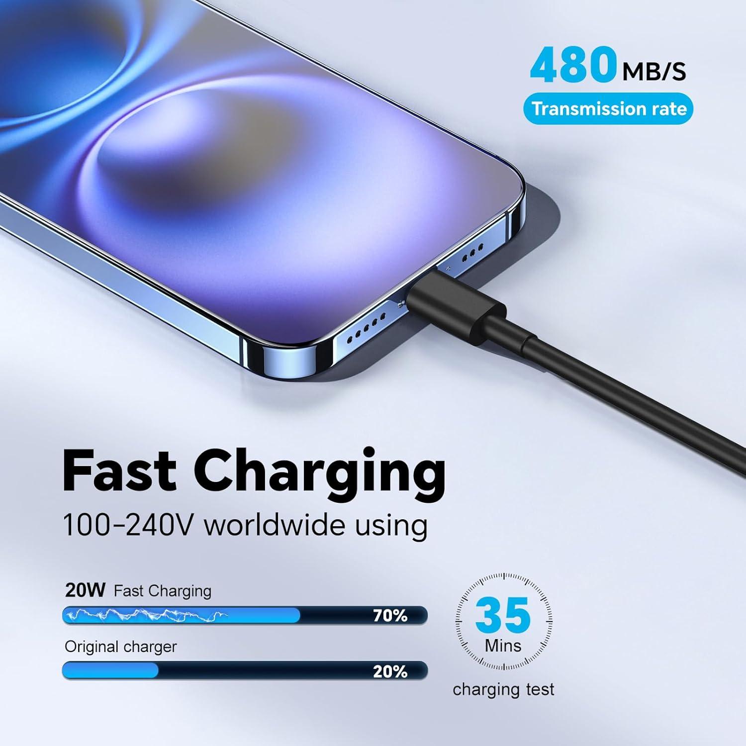 Cable de Carga Rápida USB C 60W 10FT 3Pack para iPhone 16/15