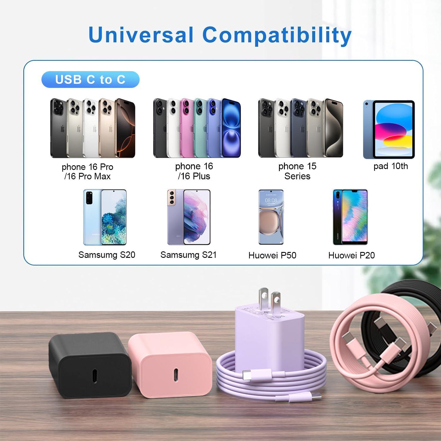 Cable de Carga Rápida USB C 60W 10FT 3Pack para iPhone 16/15