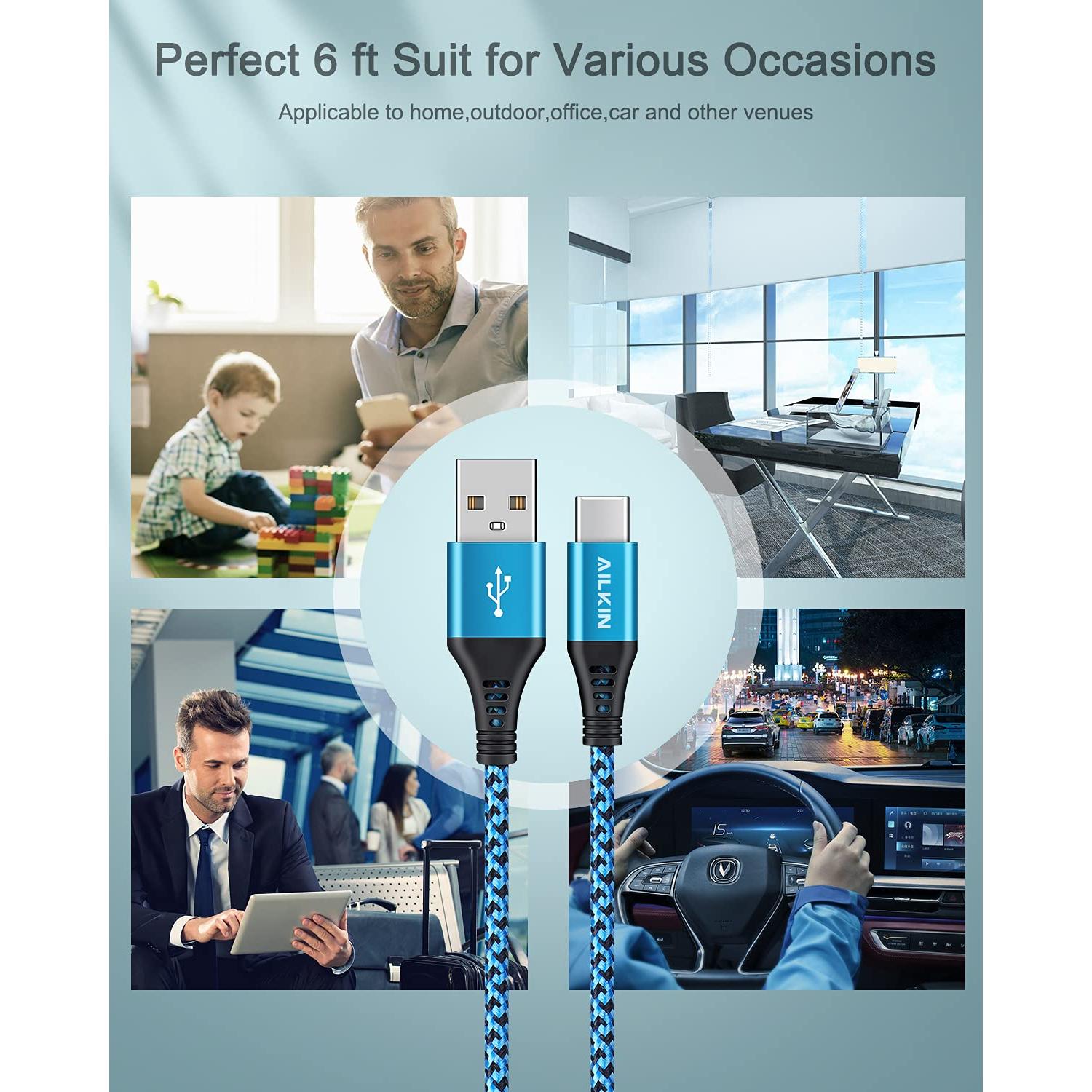 Cable USB Tipo C a USB A AILKIN 6 pies Cargador Rápido 3A