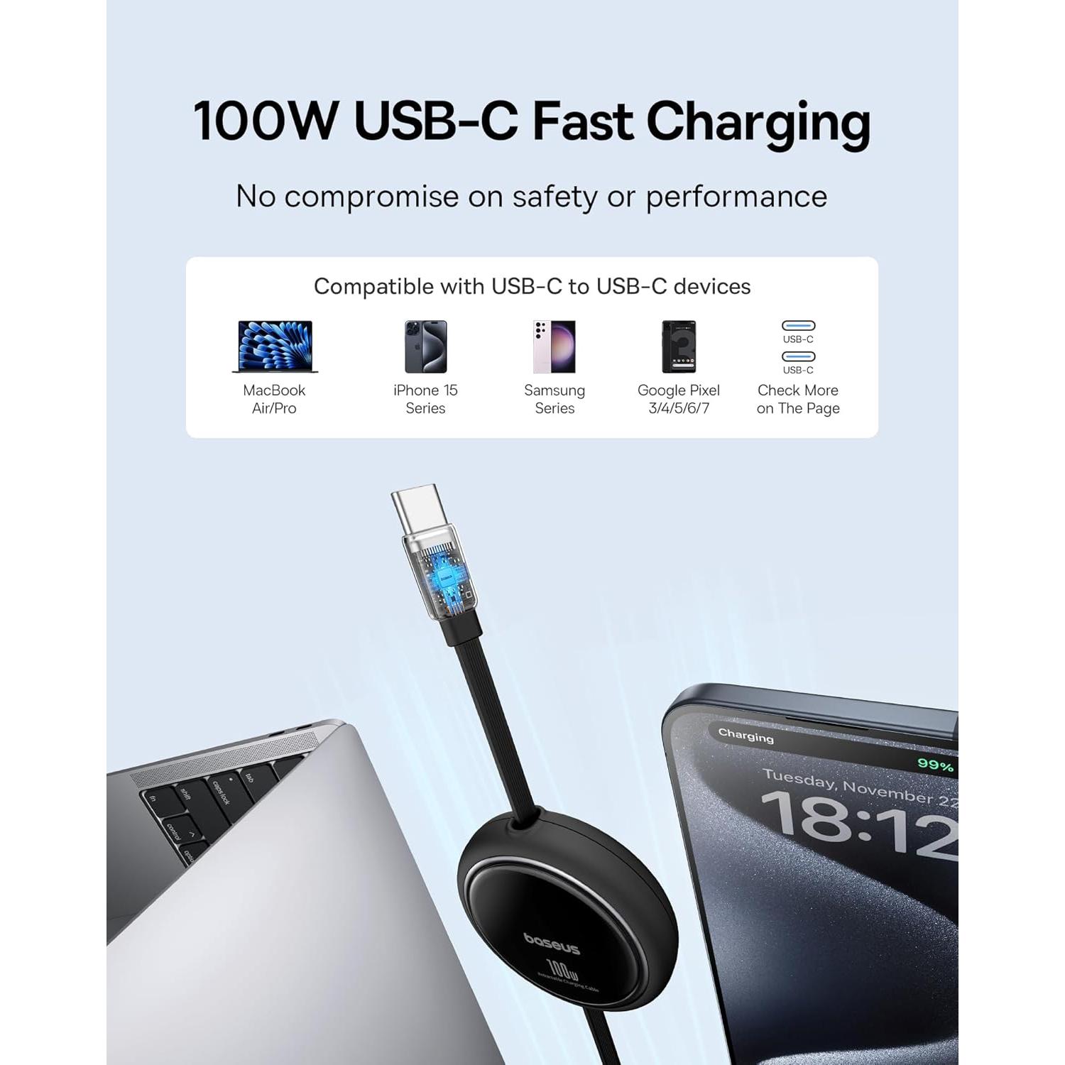 Cable USB C Retráctil Baseus 100W 1m para Carga Rápida