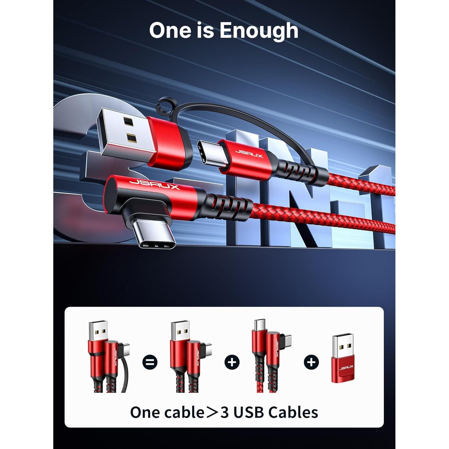 Cable USB C 100W JSAUX 3.05m Rojo - Carga Rápida 3 en 1