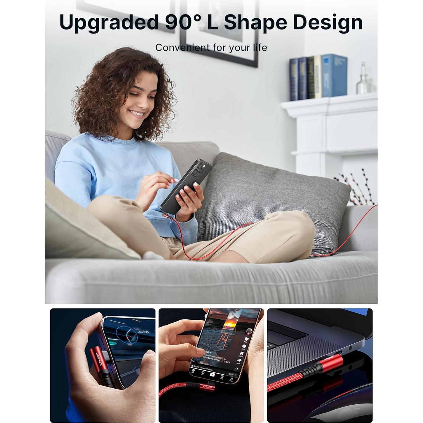 Cable USB C 100W JSAUX 3.05m Rojo - Carga Rápida 3 en 1