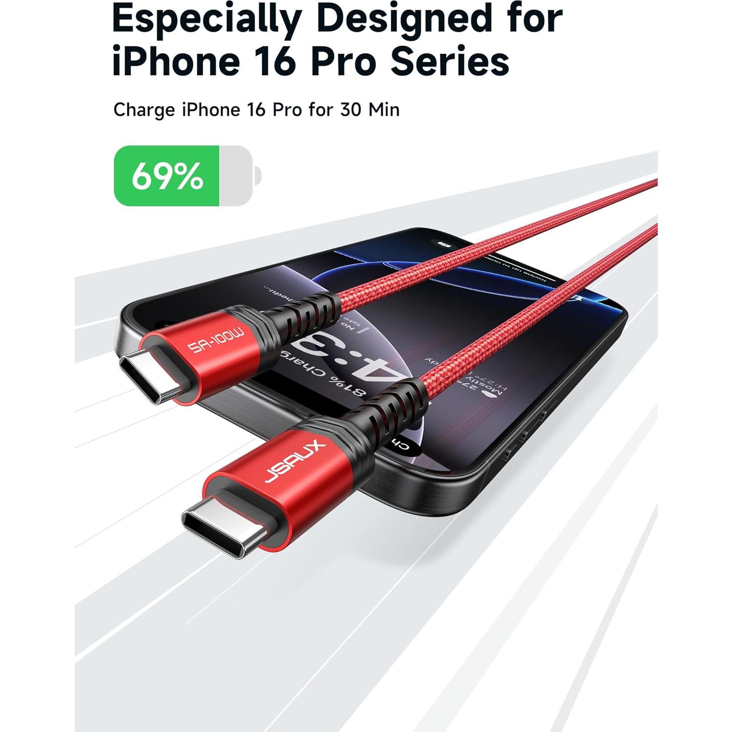 Cable USB C a USB C JSAUX 100W 2m Rojo - Carga Rápida