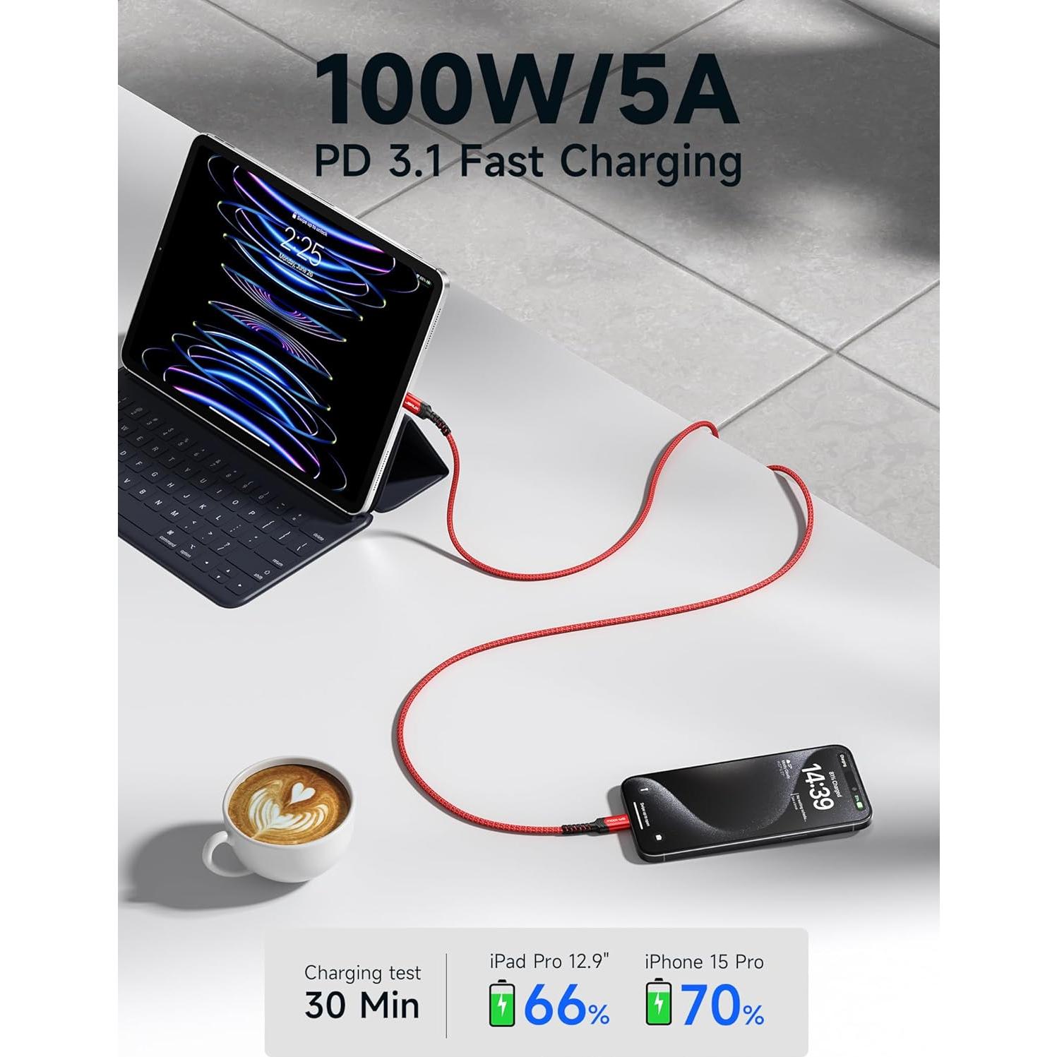Cable USB C a USB C JSAUX 100W 2m Rojo - Carga Rápida