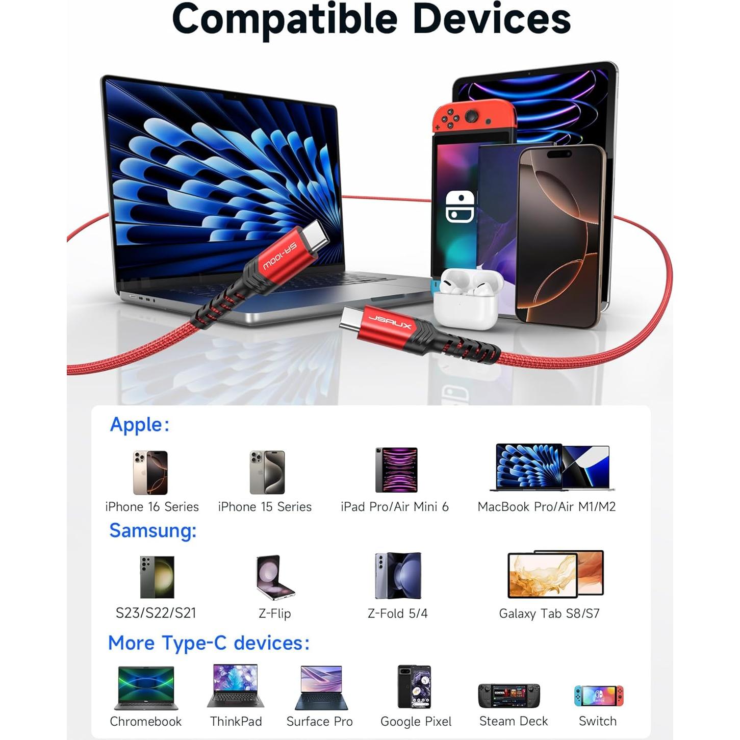 Cable USB C a USB C JSAUX 100W 2m Rojo - Carga Rápida