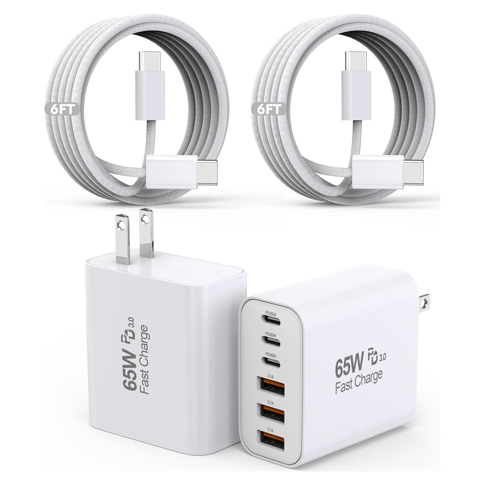 Cargador USB C 65W Rápido 2Pack con Cable 6FT - iPhone Compatible