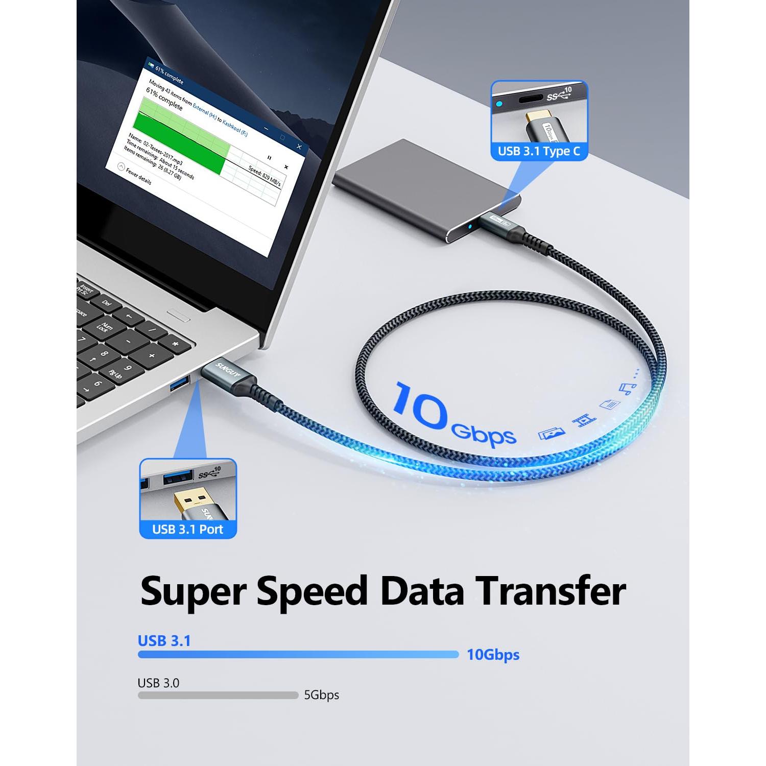 Cable USB C SUNGUY 0.46m 10Gbps Carga Rápida Android Auto