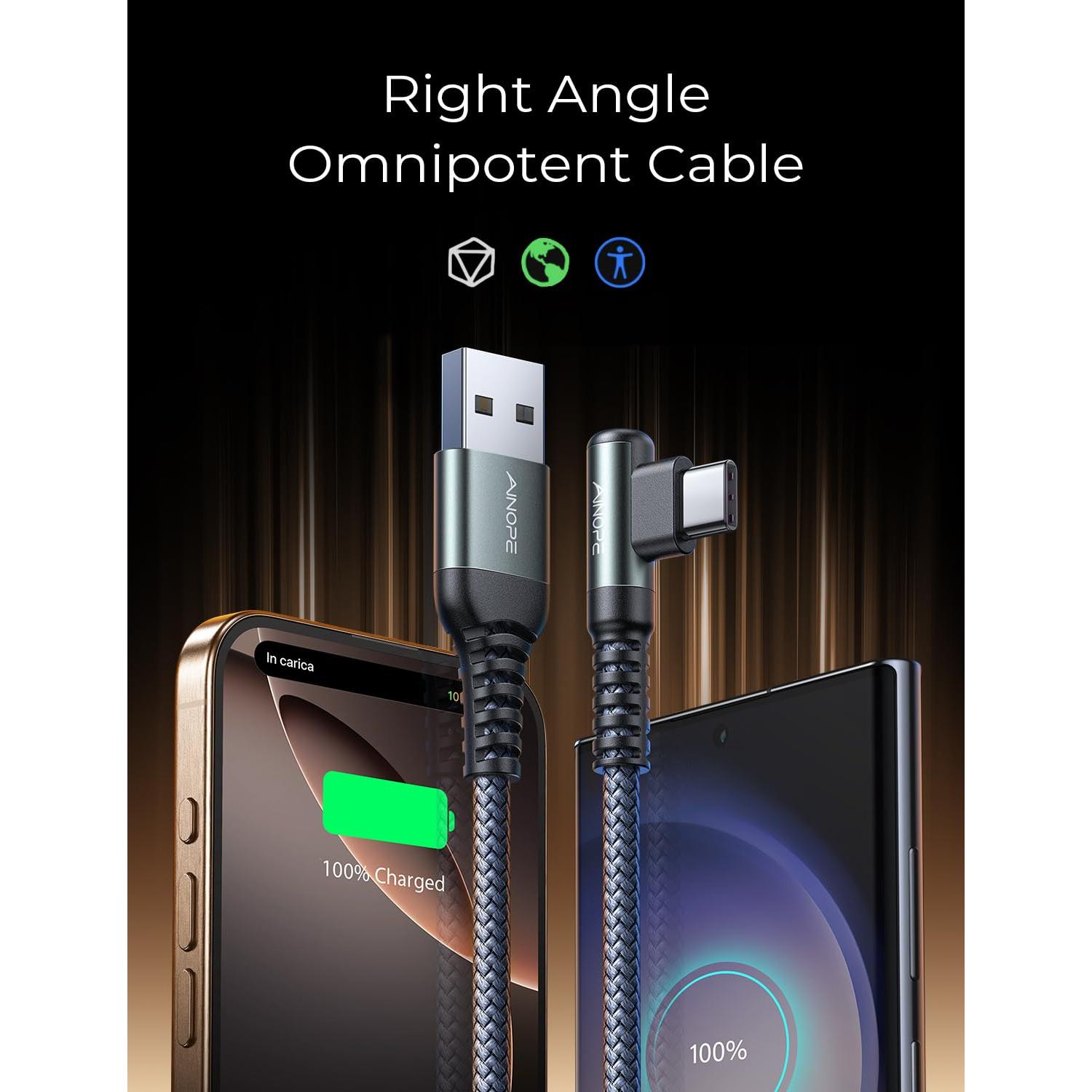 Cable USB C AINOPE 2m Cargador Rápido 3.1A Ángulo Derecho