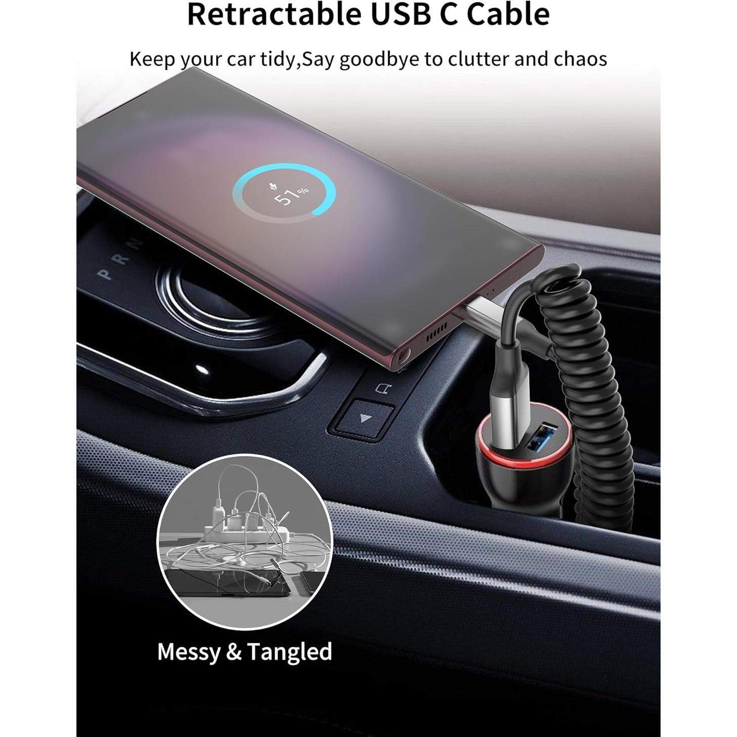 Cable USB C Enrollado Acecene 3A 0.91m Carga Rápida para Coche