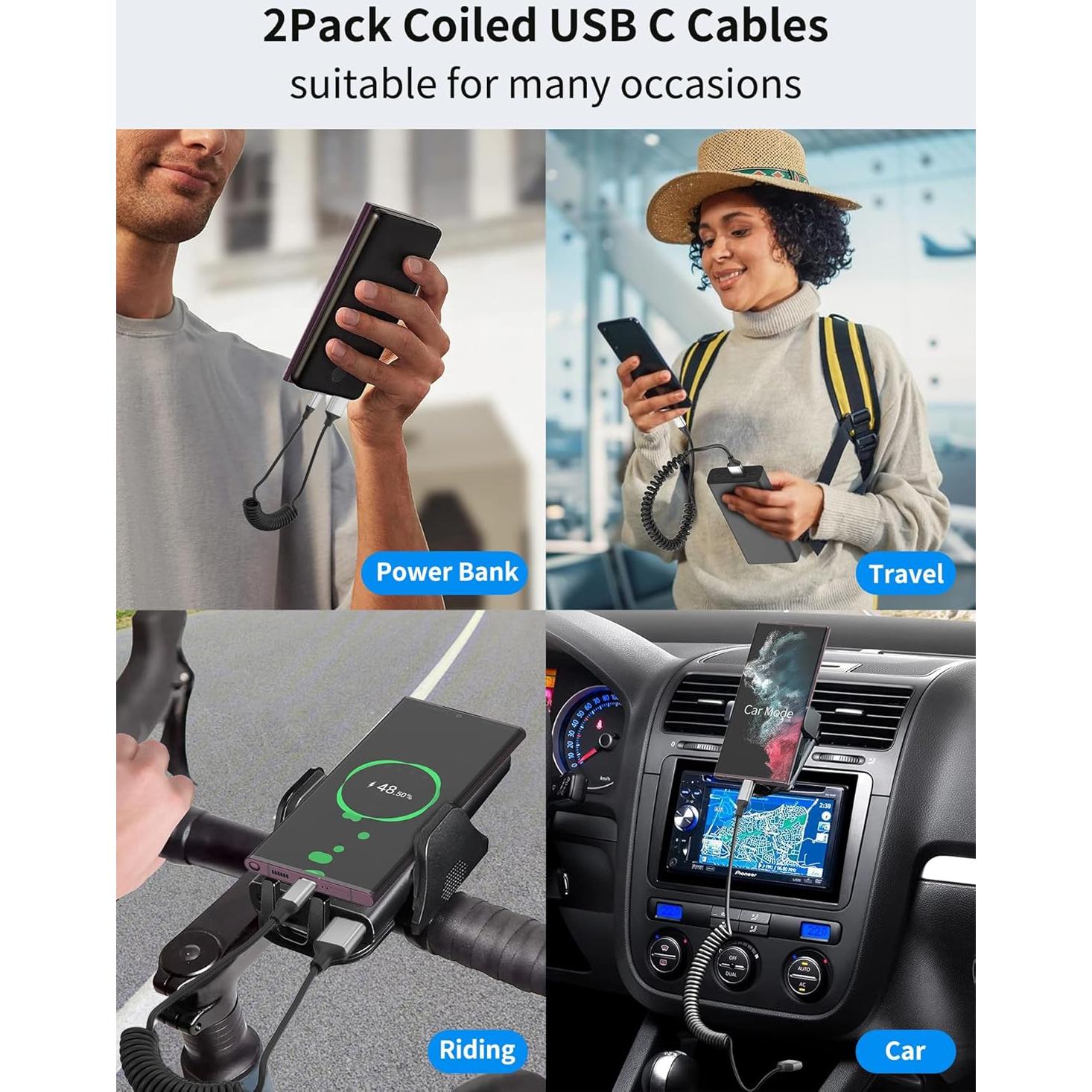 Cable USB C Enrollado Acecene 3A 0.91m Carga Rápida para Coche