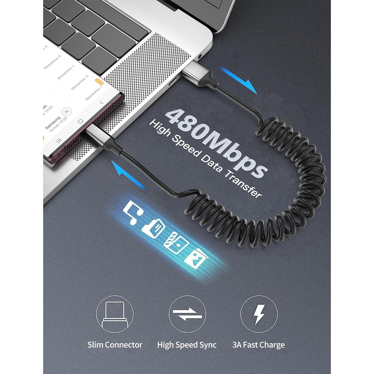 Cable USB C Enrollado Acecene 3A 0.91m Carga Rápida para Coche