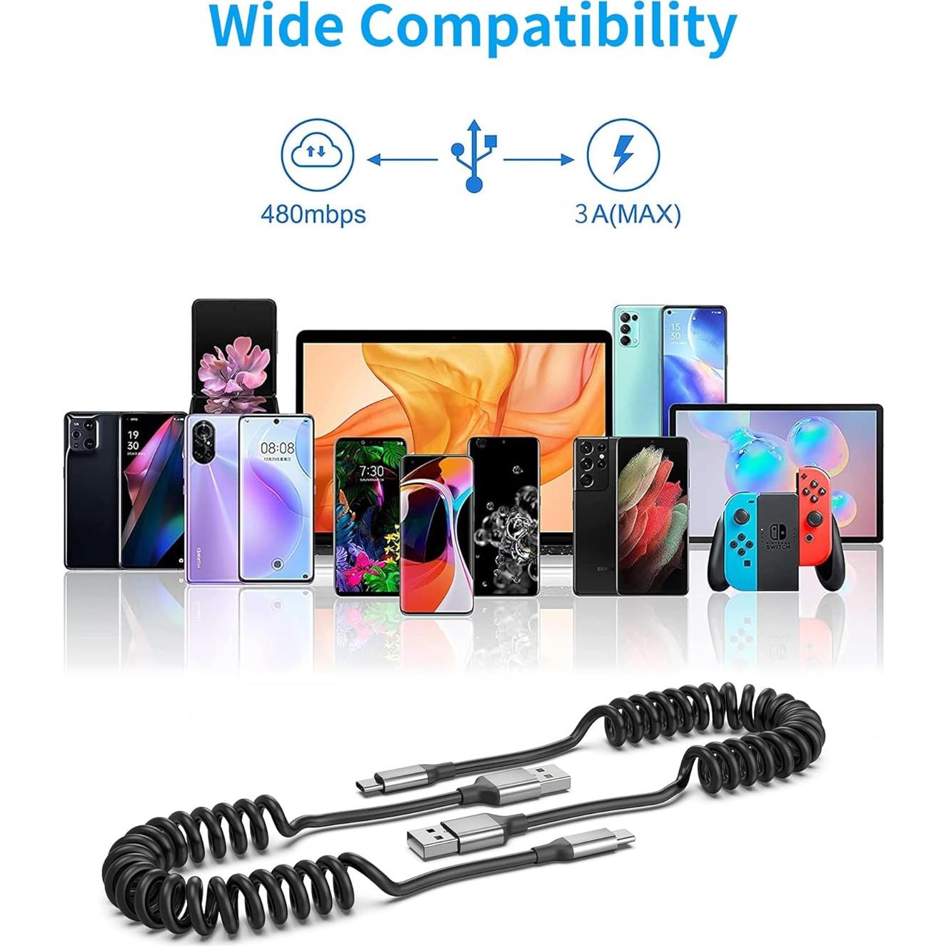 Cable USB C Enrollado Acecene 3A 0.91m Carga Rápida para Coche