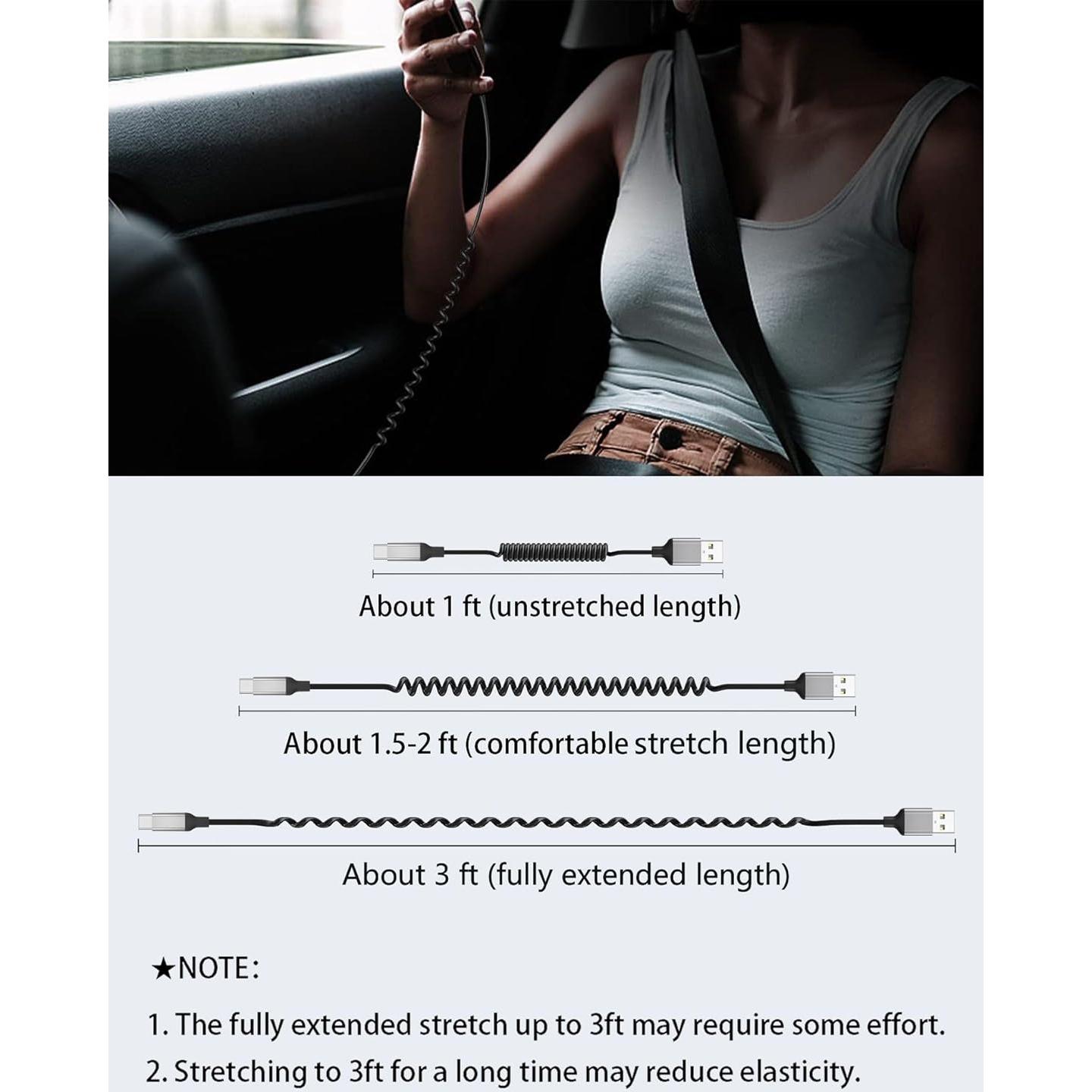 Cable USB C Enrollado Acecene 3A 0.91m Carga Rápida para Coche