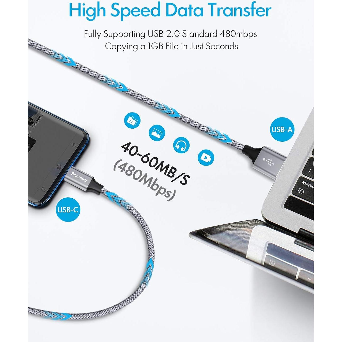 Cable USB A a C Baiwwa 3A Carga Rápida 1.52m 2-Pack