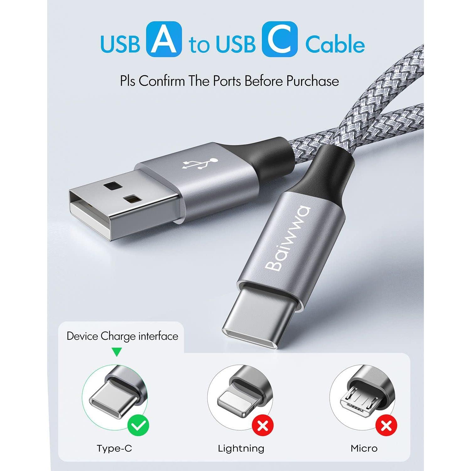 Cable USB A a C Baiwwa 3A Carga Rápida 1.52m 2-Pack