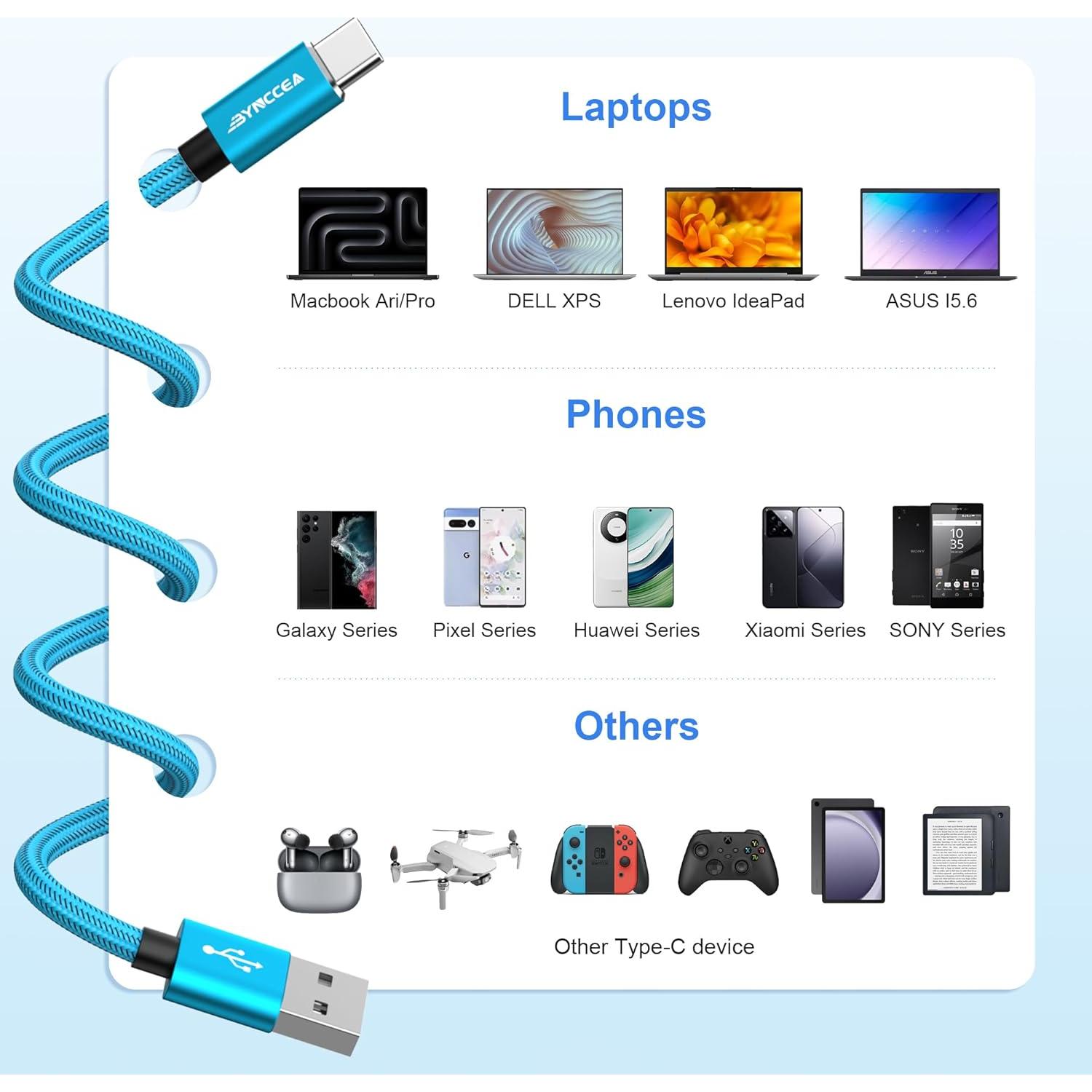 Cable USB C Bynccea 3m - Paquete de 5 Carga Rápida Trenzado