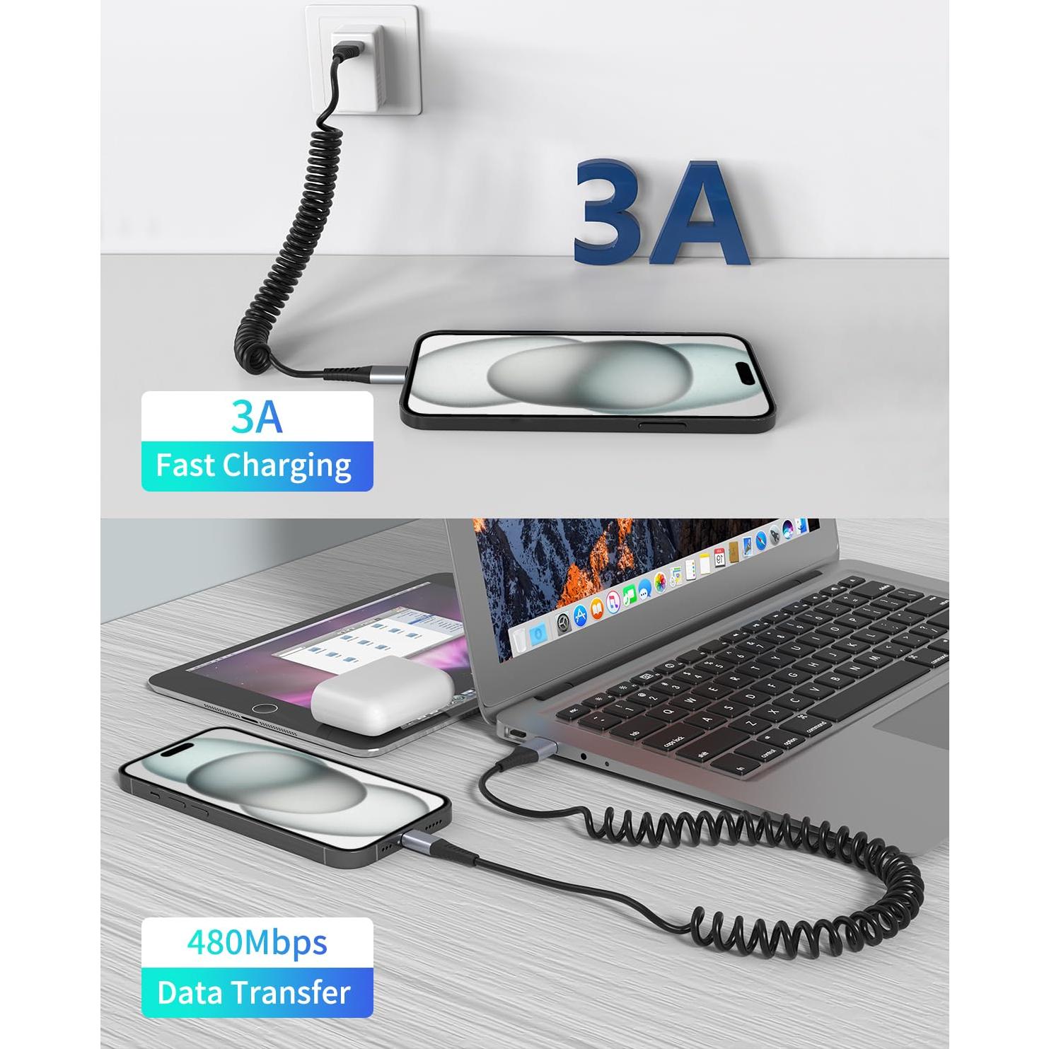 Cable USB C Enrollado PEAKLIFT - 2 Unidades, 30-60 cm