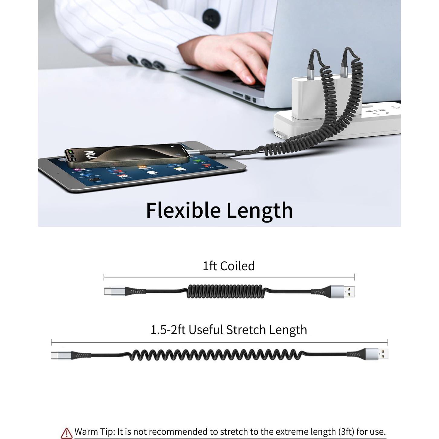 Cable USB C Enrollado PEAKLIFT - 2 Unidades, 30-60 cm