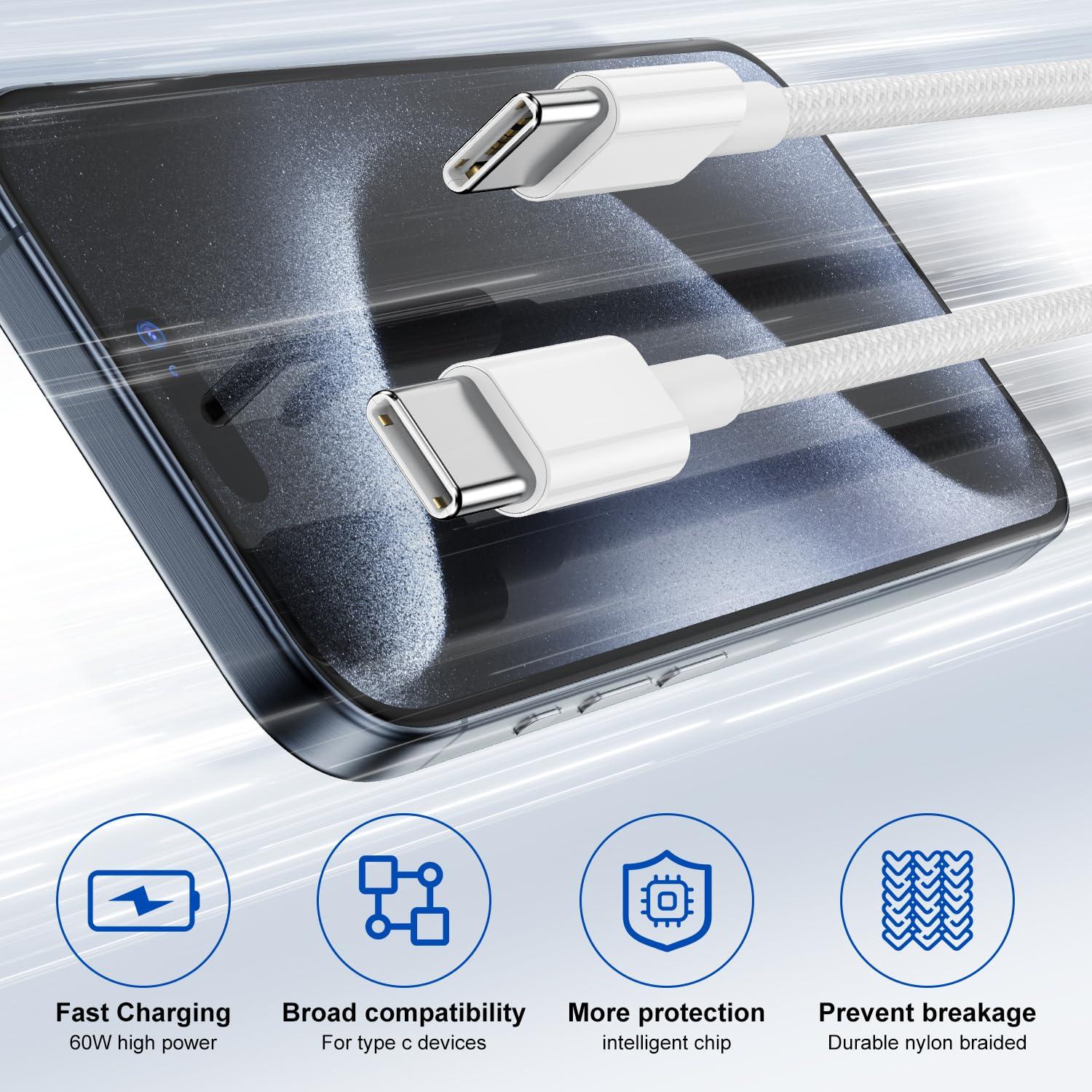 Paquete de 2 Cables USB-C a USB-C 1.83 m Hefaao Carga Rápida