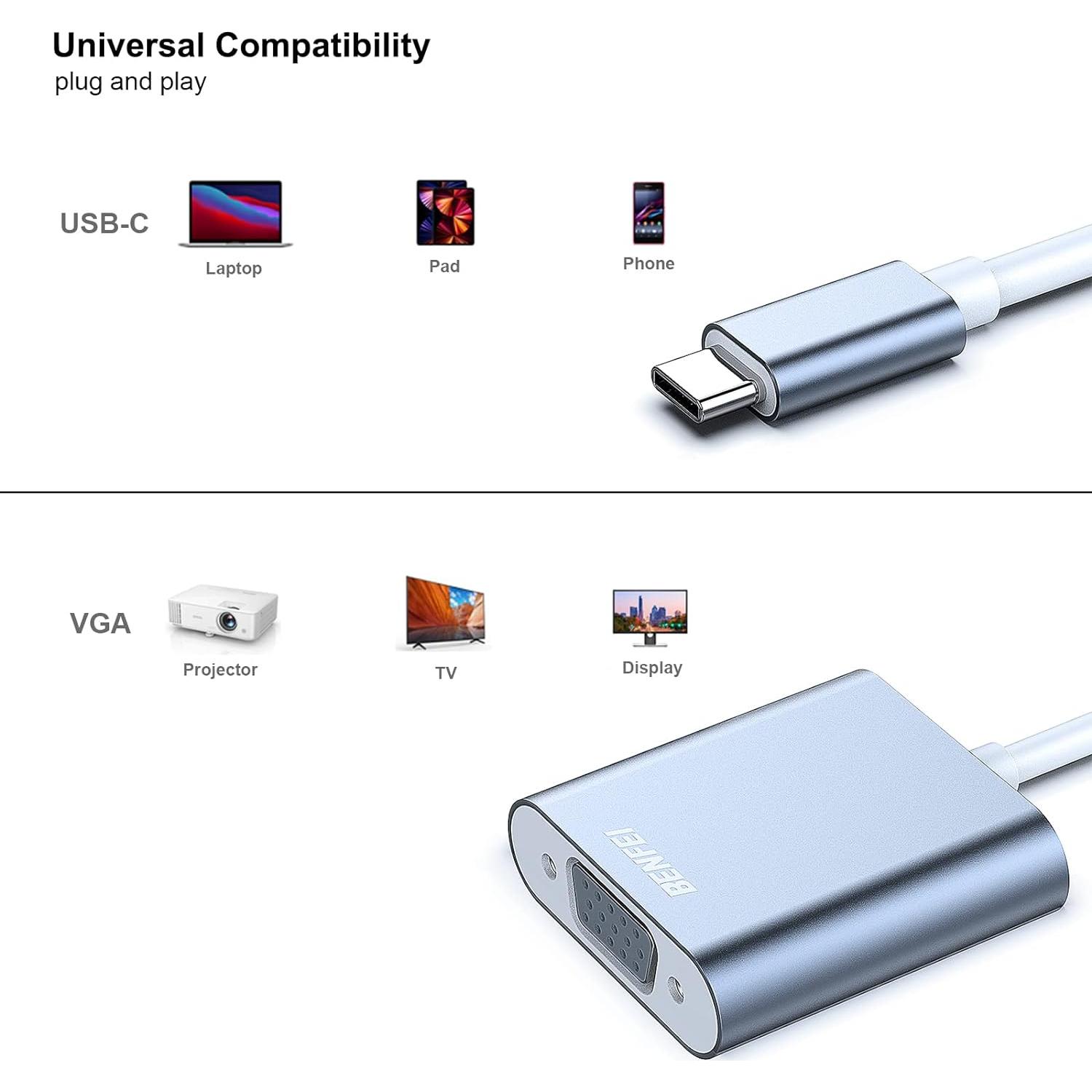 Adaptador USB-C a VGA BENFEI Gris - Compatible con MacBook y más