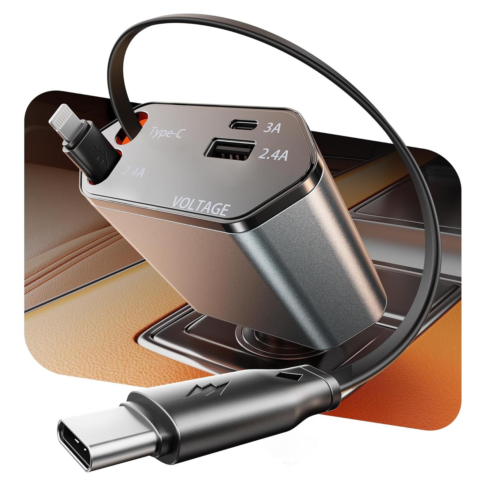 Cargador de Coche Retráctable GUSGU 100W 4 en 1 USB-C Lightning