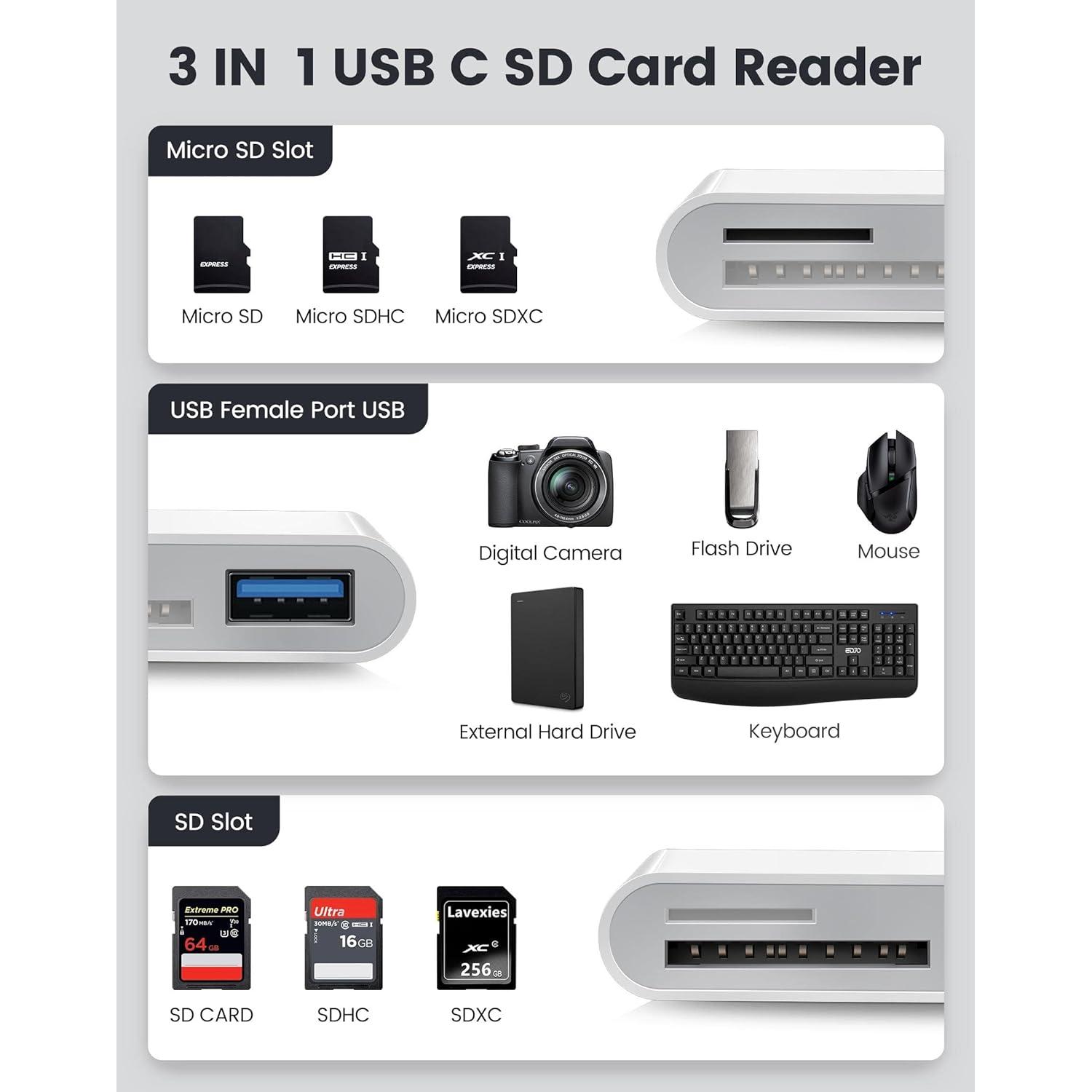 Lector de Tarjetas SD USB-C Genérico 3-en-1 para Android y Mac