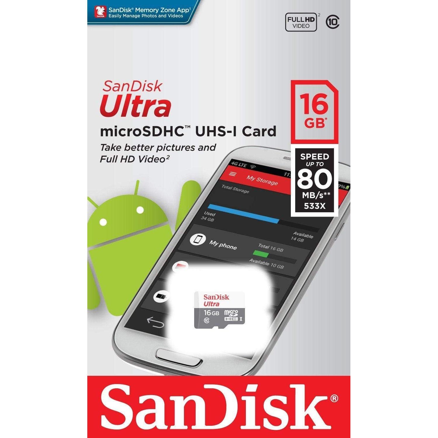 Tarjeta microSDHC SanDisk Ultra 16GB 80MB/s Clase 10