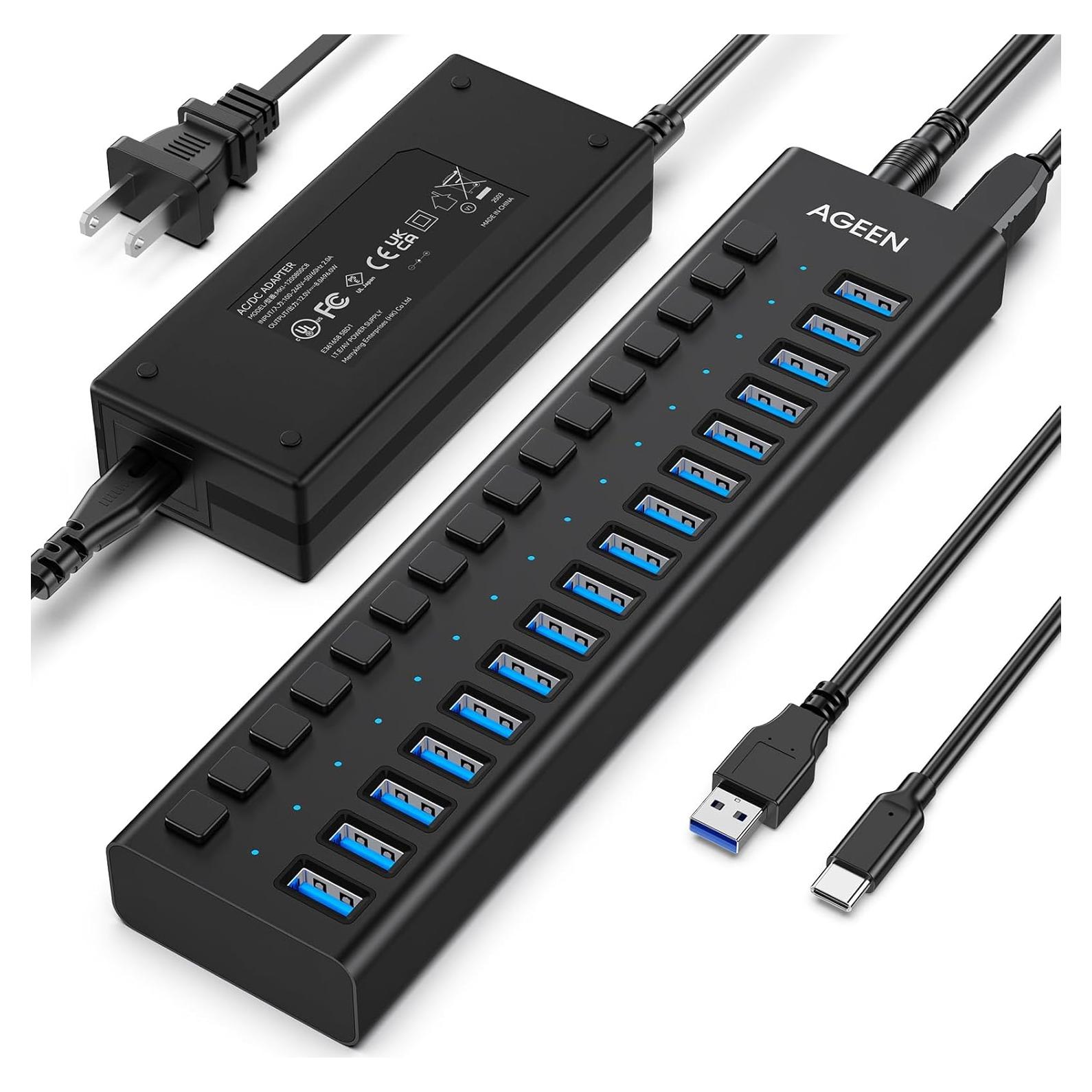 Hub USB 3.2 de 16 Puertos AGEEN 10Gbps con Adaptador 96W