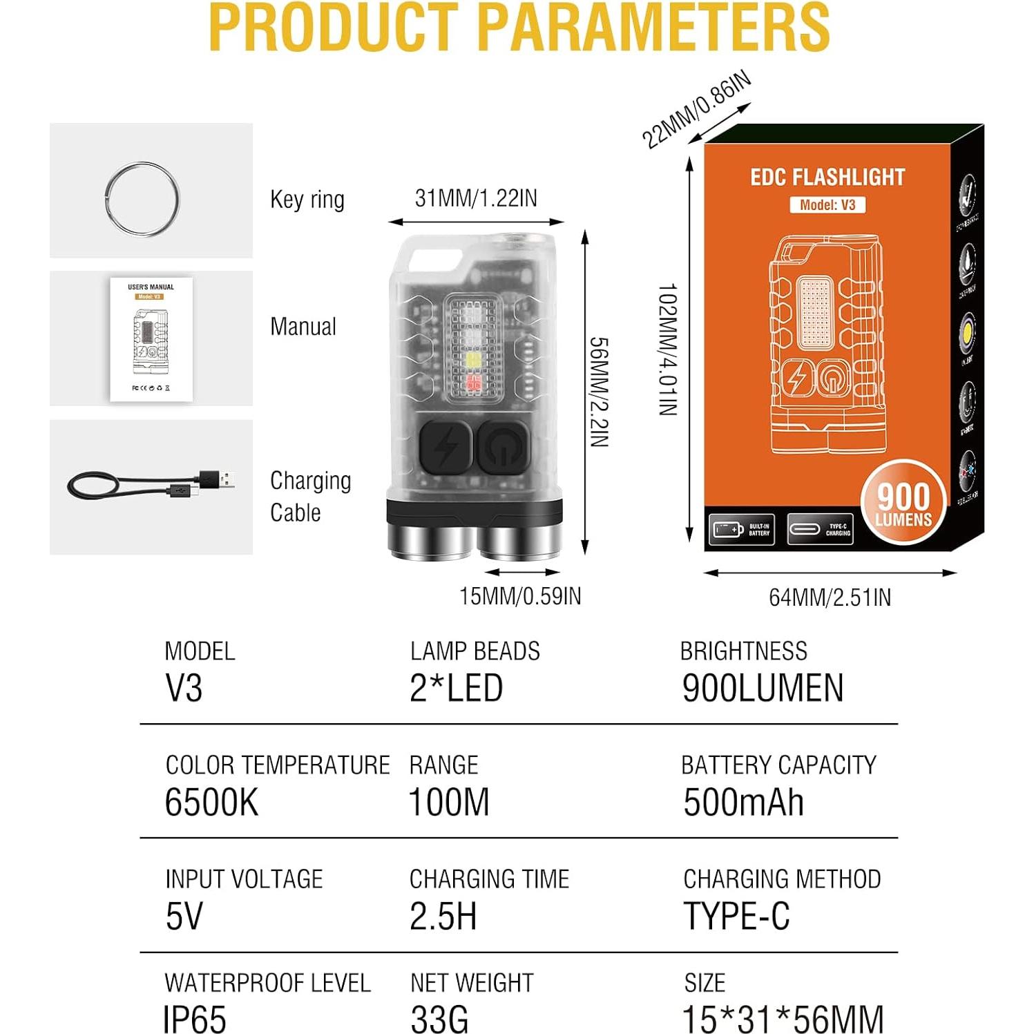 Linterna EDC BORUIT V3 Recargable USB-C 900LM IP65 12 Modos