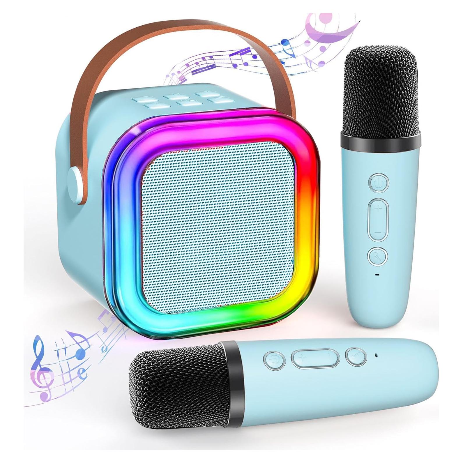 Mini Máquina de Karaoke Bluetooth K12 Azul con 2 Micrófonos
