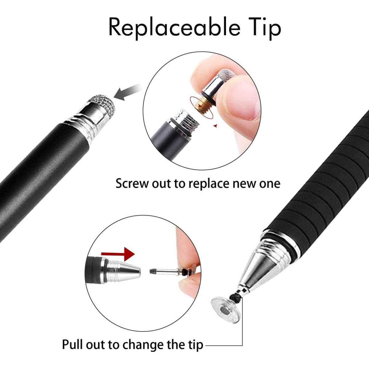 Stylus Universal MEKO 2 en 1 con 6 Puntas Reemplazo Negro