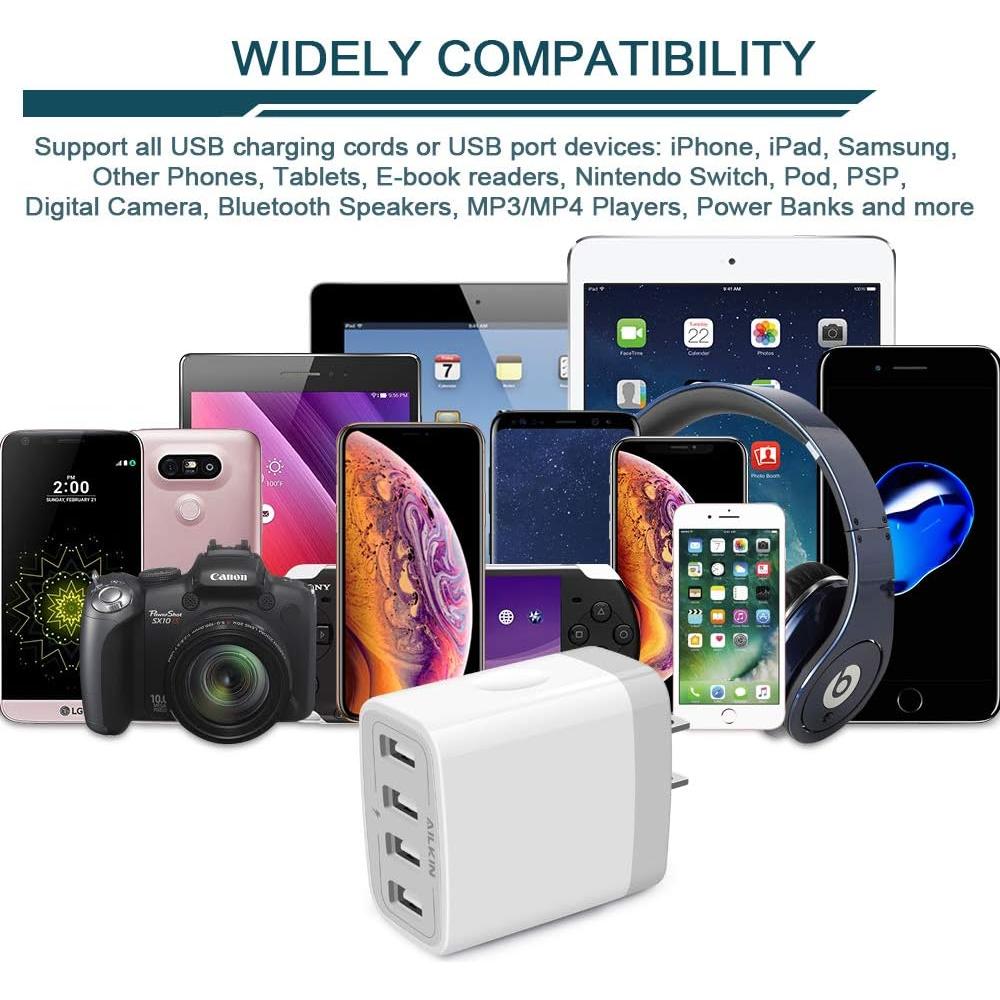 Cargador USB AILKIN 4 Puertos 4.8A Blanco Carga Rápida