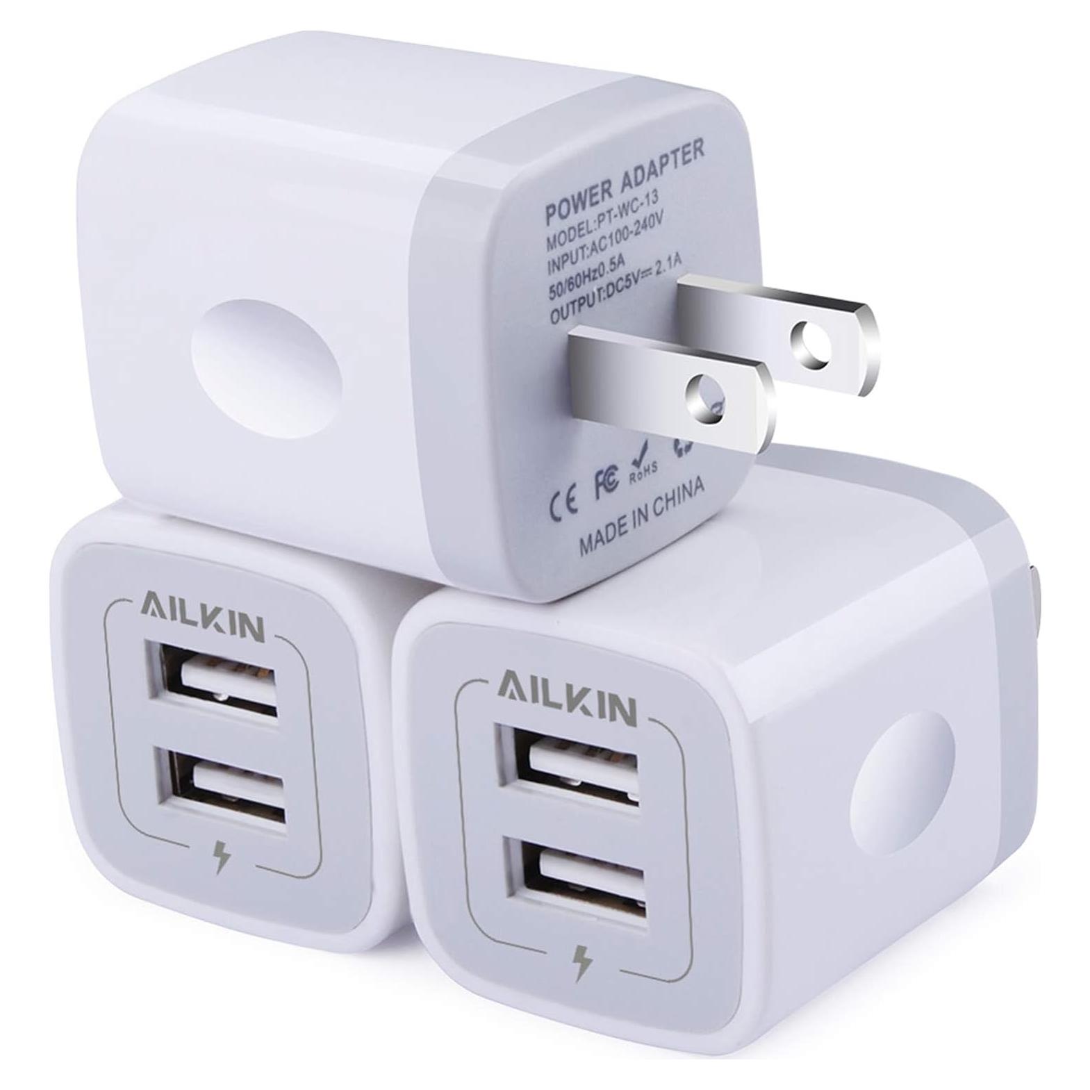 Cargador de Pared USB Doble AILKIN 5V 2.1A Paquete de 3