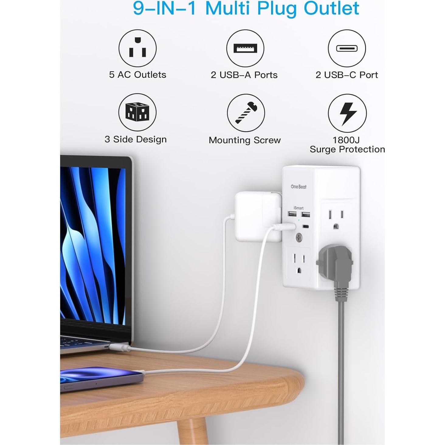 Multi Enchufe One Beat 5 Salidas + 4 USB Carga Rápida