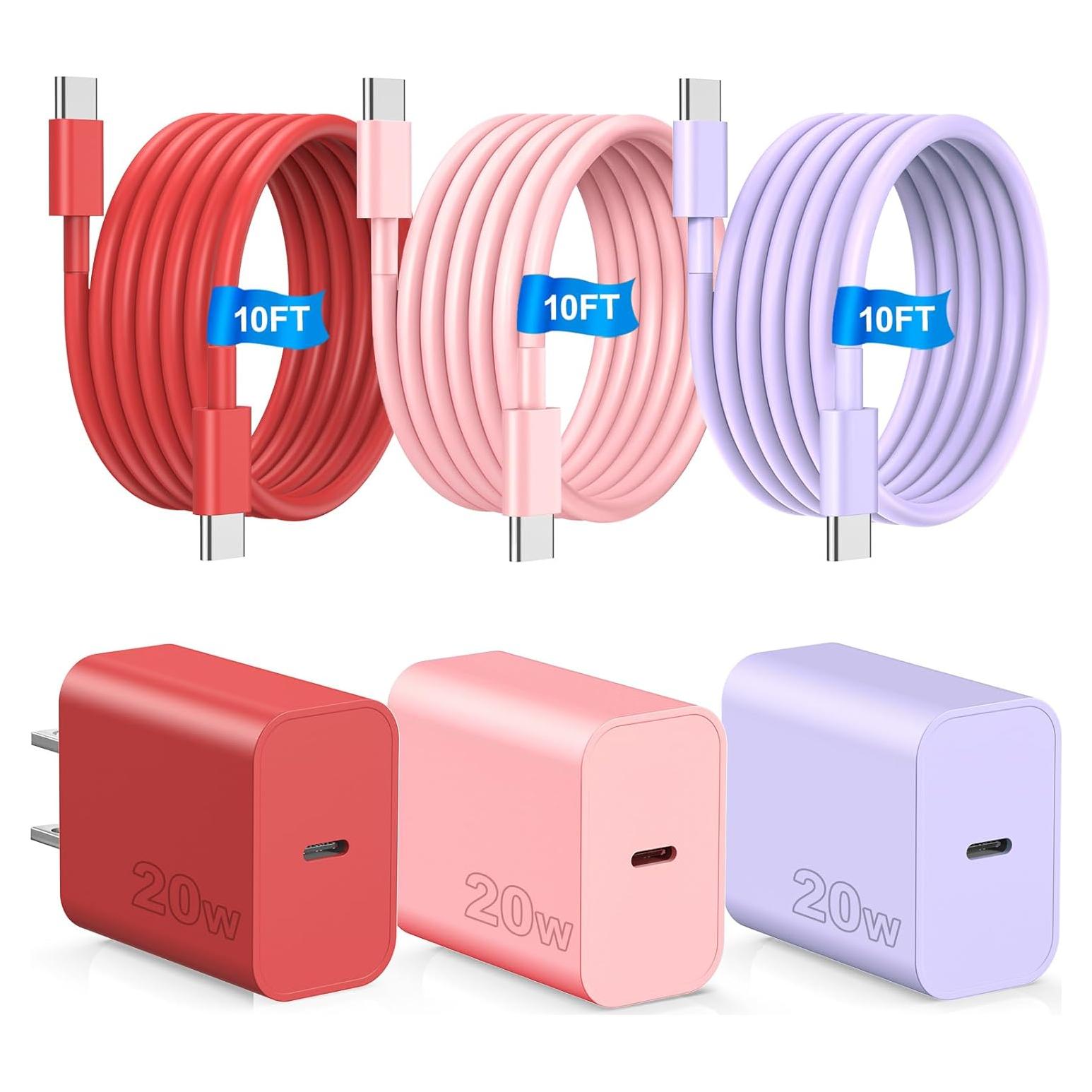 Cargador Rápido USB C 20W + 3 Cables 10FT - Compatible iPhone 16/15