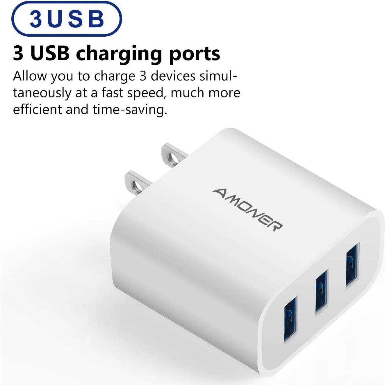 Cargador de Pared USB Amoner 15W 3 Puertos Carga Rápida