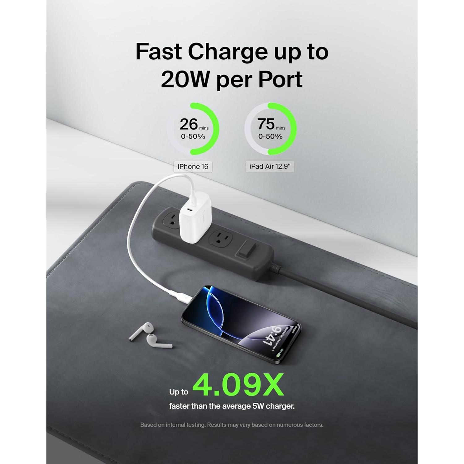 Cargador de Pared USB-C Belkin 40W Doble Puerto Carga Rápida