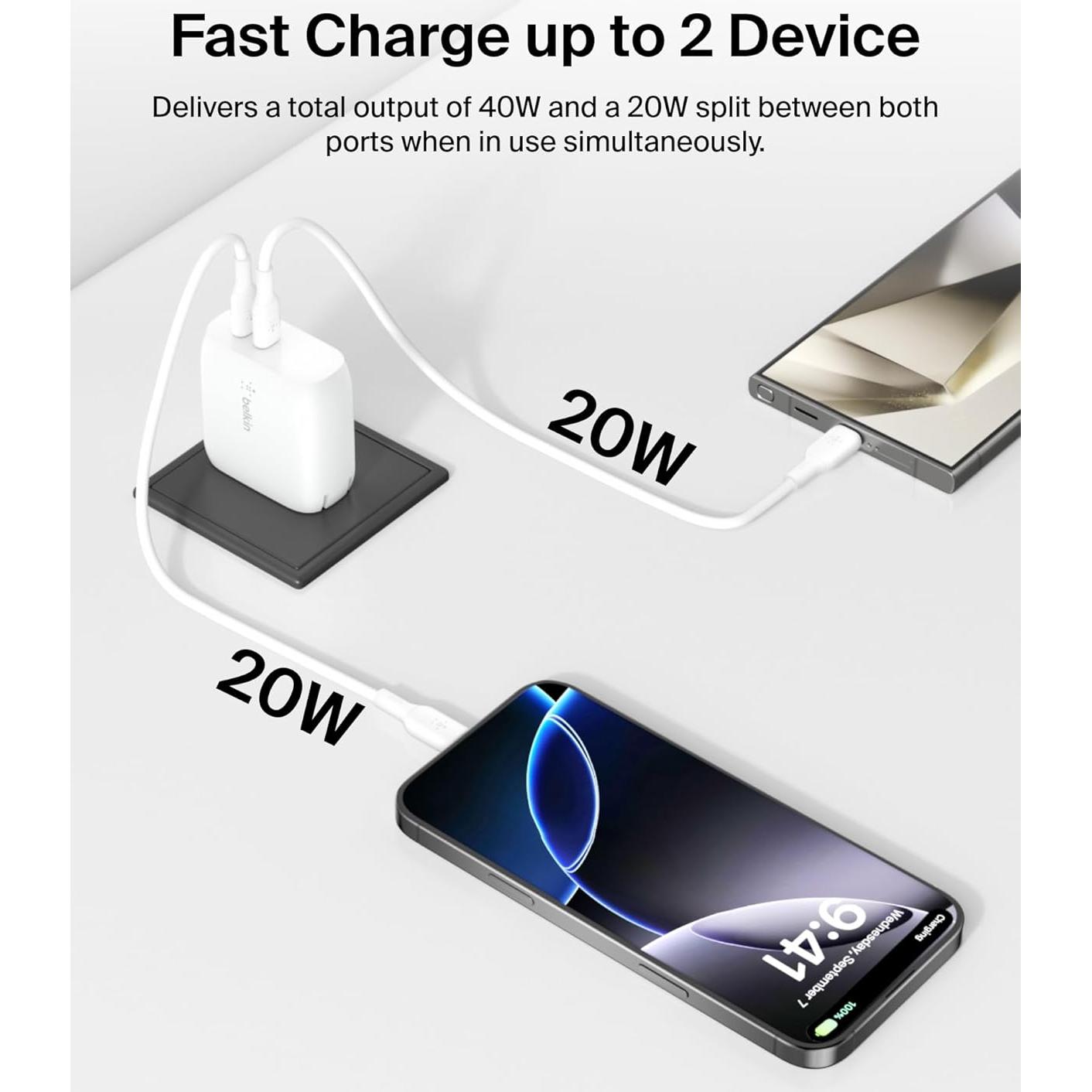 Cargador de Pared USB-C Belkin 40W Doble Puerto Carga Rápida