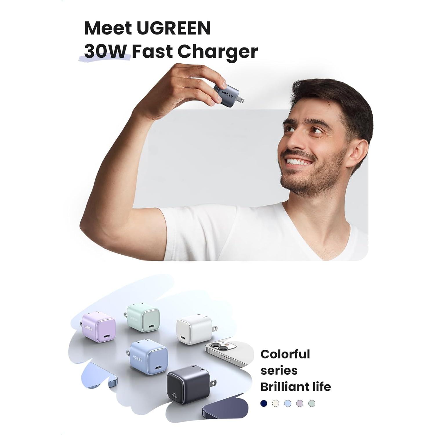 Cargador USB-C UGREEN 30W Plegable GaN para iPhone y Galaxy