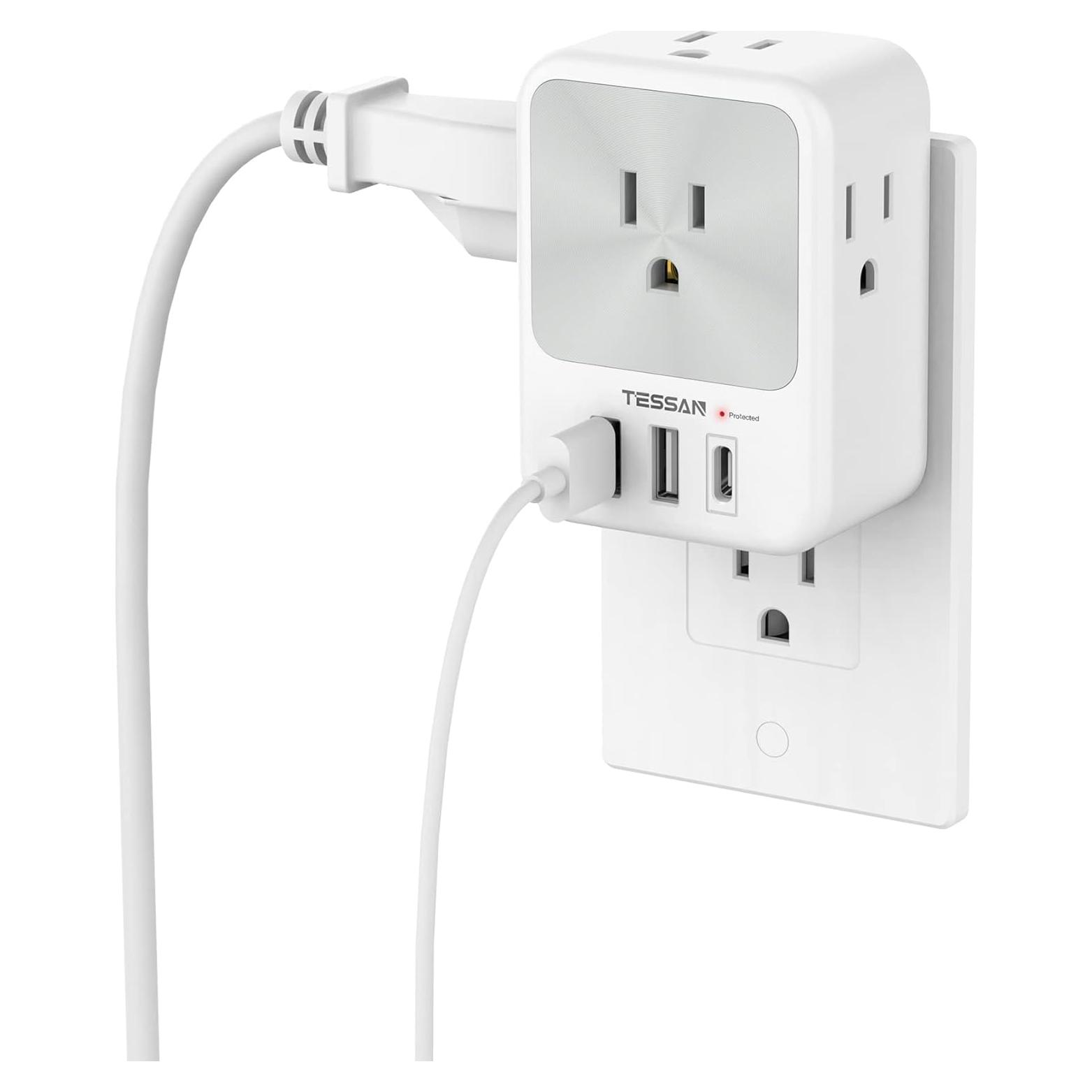 Extensor de Enchufe TESSAN 3 USB (1 USB C) con Protector