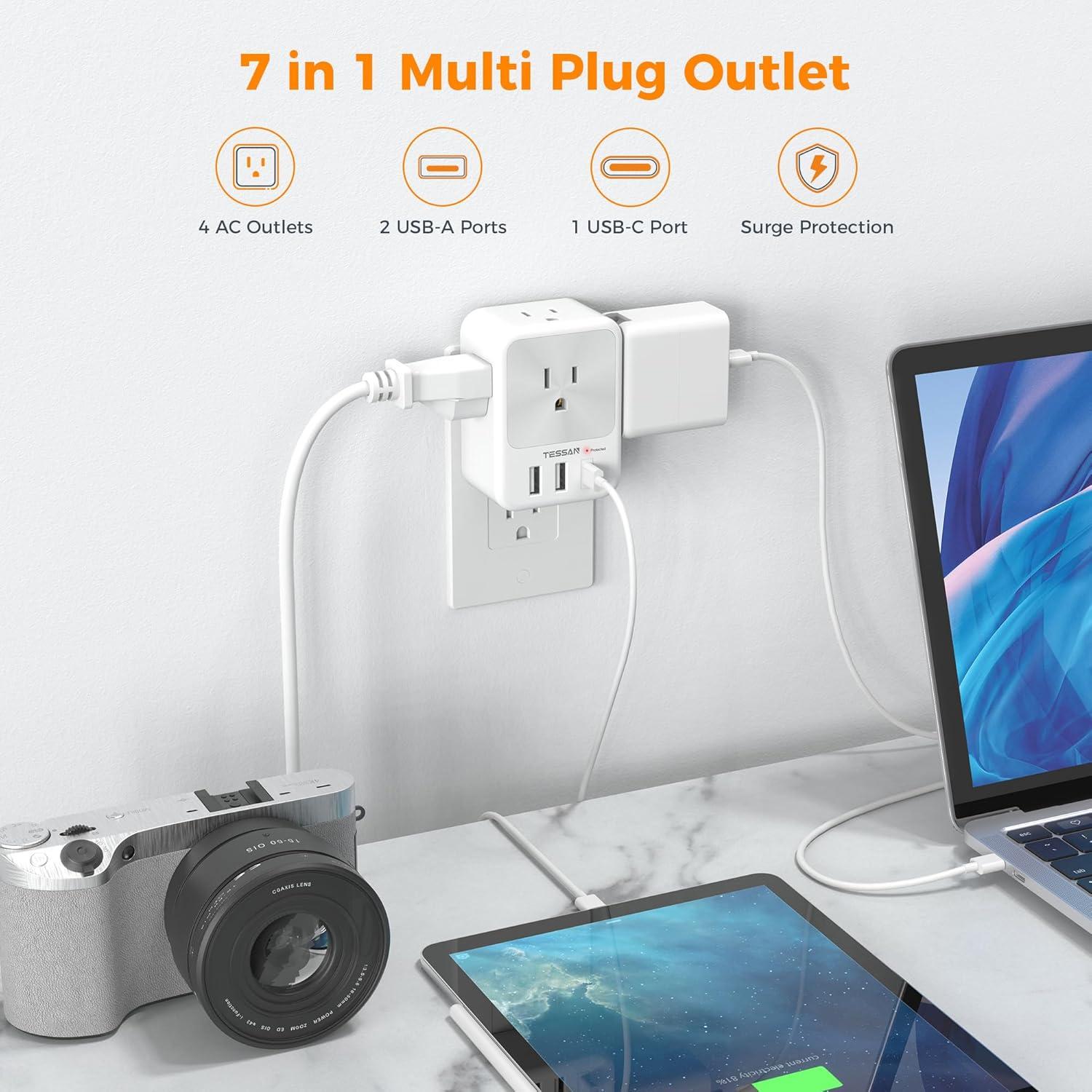 Extensor de Enchufe TESSAN 3 USB (1 USB C) con Protector