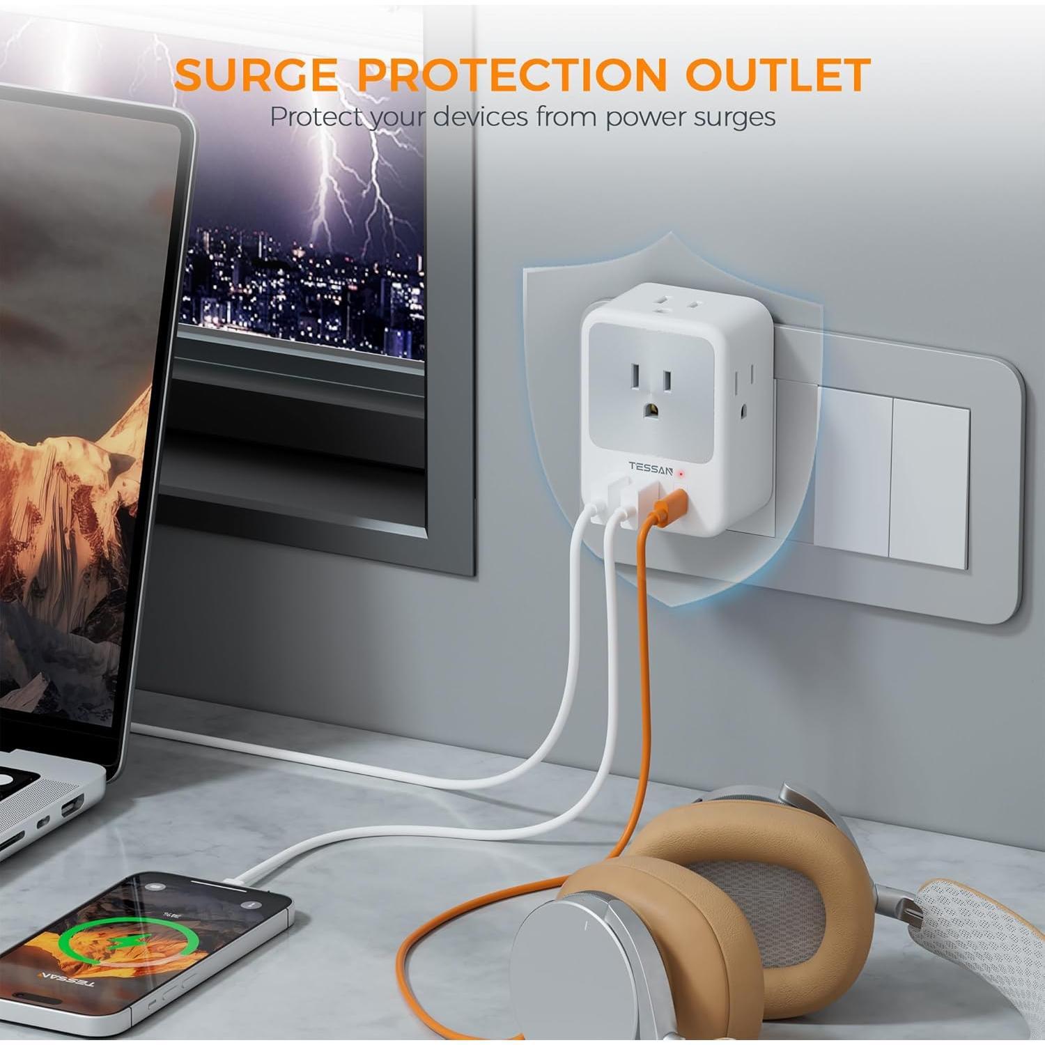 Extensor de Enchufe TESSAN 3 USB (1 USB C) con Protector