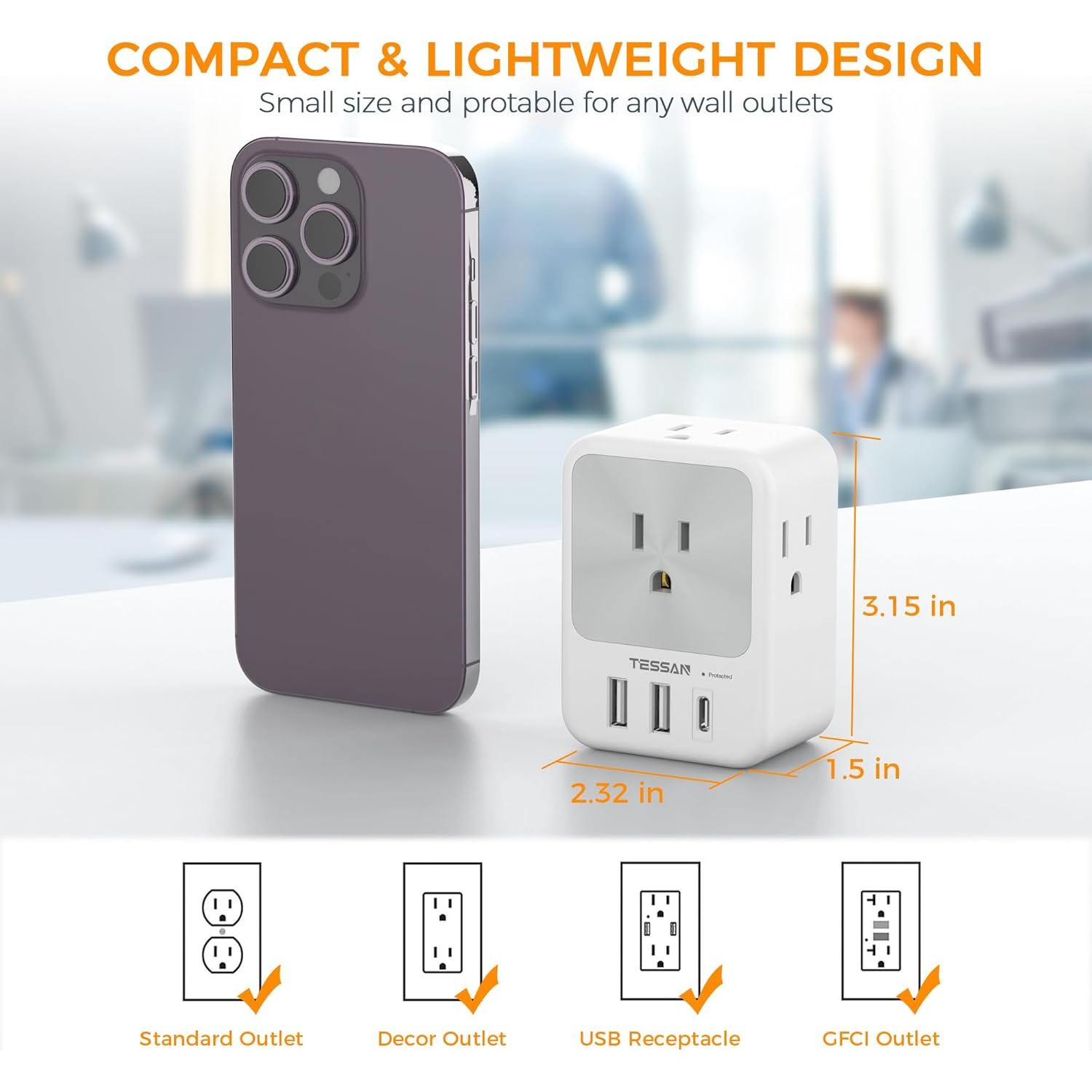 Extensor de Enchufe TESSAN 3 USB (1 USB C) con Protector