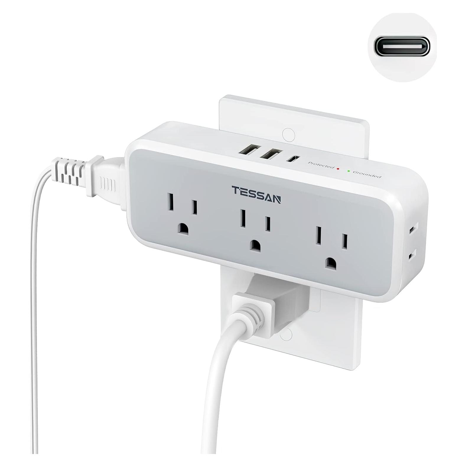 Extensor de Enchufe Múltiple TESSAN 5 Salidas 3 USB Cargador